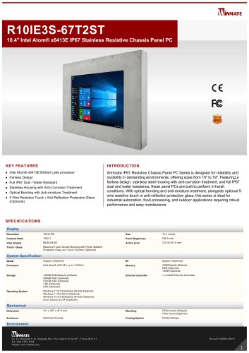 10.4" Intel Atom&reg; x6413E IP67 Stainless Resistive Chassis Panel PC R10IE3S-67T2ST