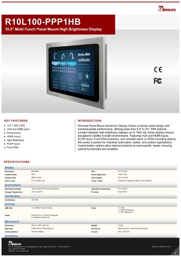 10.4" Multi-Touch Panel Mount High Brightness Display R10L100-PPP1HB