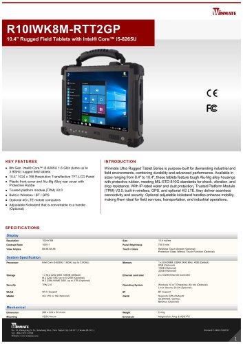 10.4" Rugged Field Tablets with Intel&reg; Core&trade; i5-8265U  R10IWK8M-RTT2GP