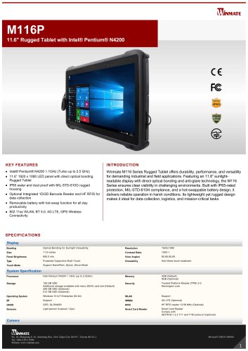 11.6" Rugged Tablet with Intel&reg; Pentium&reg; N4200 M116P