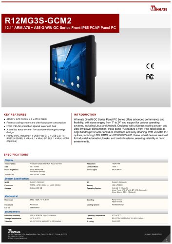 12.1" ARM A78 + A55 G-WIN GC-Series Front IP65 PCAP Panel PC R12MG3S-GCM2