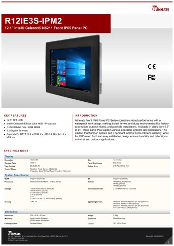 12.1" Intel&reg; Celeron&reg; N6211 Front IP65 Panel PC R12IE3S-IPM2