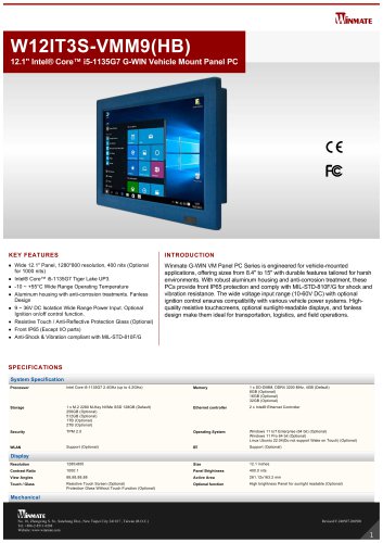 12.1" Intel&reg; Core&trade; i5-1135G7 G-WIN Vehicle Mount Panel PC W12IT3S-VMM9(HB)