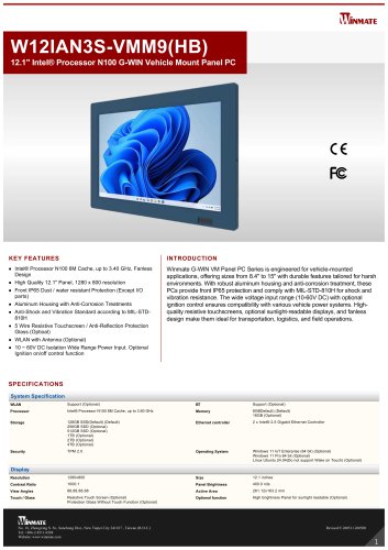 12.1&Prime; Intel&reg; Core&trade; i5-1235U G-WIN Vehicle Mount Panel PC W12IAD3S-VMM9(HB)