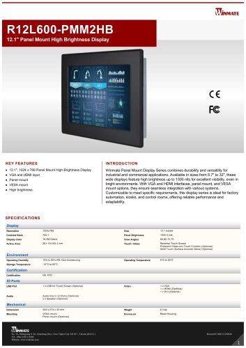 12.1" Panel Mount High Brightness Display R12L600-PMM2HB 