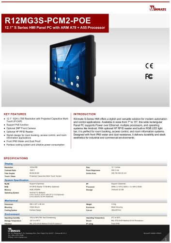 12.1" S Series HMI Panel PC with ARM A78 + A55 Processor R12MG3S-PCM2-POE