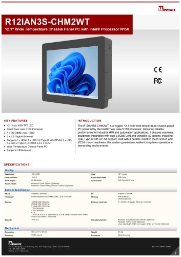 12.1" Wide Temperature Chassis Panel PC with Intel&reg; Processor N150 R12IAN3S-CHM2WT