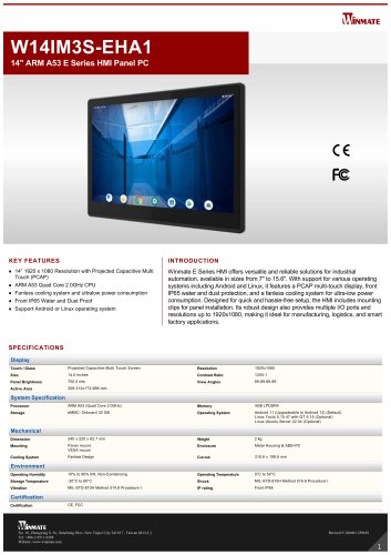 14" ARM A53 E Series HMI Panel PC W14IM3S-EHA1
