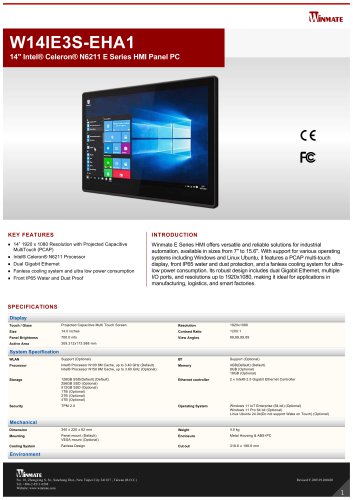 14" Intel&reg; Celeron&reg; N6211 E Series HMI Panel PC W14IE3S-EHA1