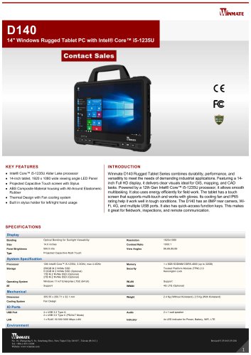 14" Windows Rugged Tablet PC with Intel&reg; Core&trade; i5-1235U D140