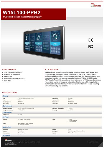 14.9" Multi-Touch Panel Mount Display W15L100-PPB2