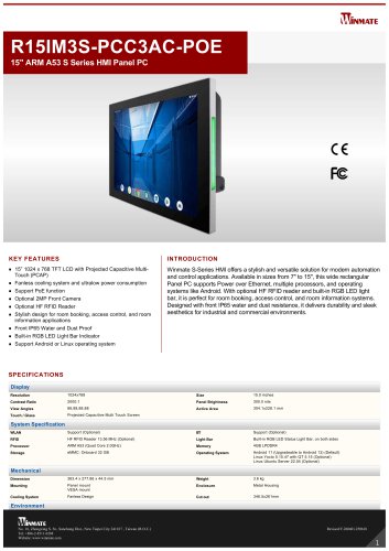 15" ARM A53 S Series HMI Panel PC R15IM3S-PCC3AC-POE