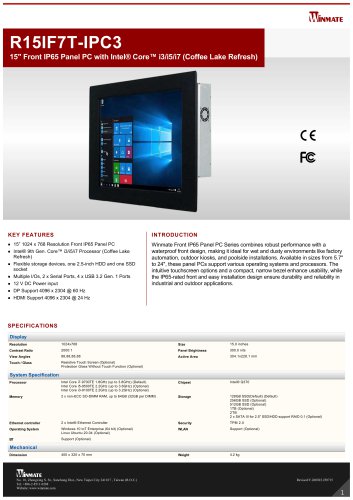 15" Front IP65 Panel PC with Intel&reg; Core&trade; i3/i5/i7 (Coffee Lake Refresh) R15IF7T-IPC3