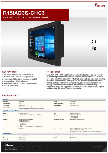15" Intel&reg; Core&trade; i5-1235U Chassis Panel PC R15IAD3S-CHC3