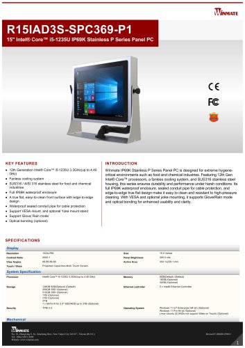 15" Intel&reg; Core&trade; i5-1235U IP69K Stainless P Series Panel PC R15IAD3S-SPC369-P1