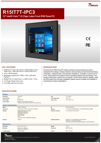 15" Intel&reg; Core&trade; i5 (Tiger Lake) Front IP65 Panel PC R15IT7T-IPC3