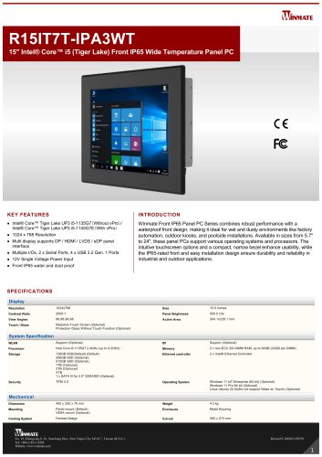 15" Intel&reg; Core&trade; i5 (Tiger Lake) Front IP65 Wide Temperature Panel PC R15IT7T-IPA3WT