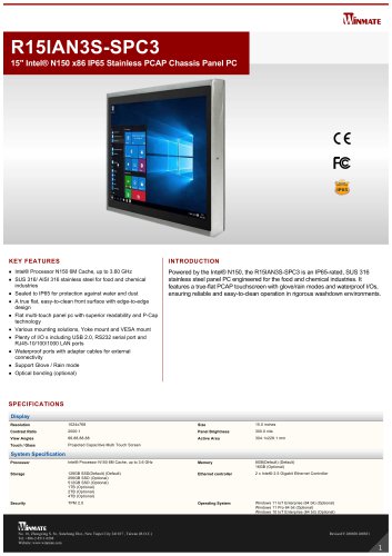 15" Intel&reg; N150 x86 IP65 Stainless PCAP Chassis Panel PC R15IAN3S-SPC3