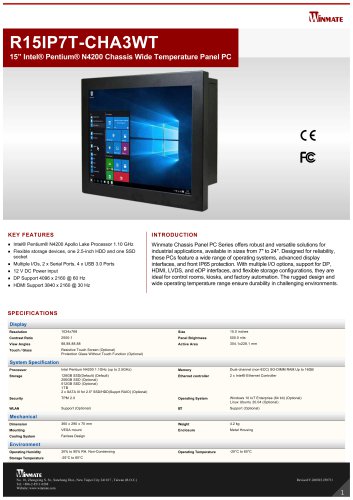 15&rdquo; Intel&reg; Pentium&reg; N4200 Chassis Wide Temperature Panel PC R15IP7T-CHA3WT