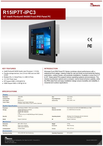 15" Intel&reg; Pentium&reg; N4200 Front IP65 Panel PC R15IP7T-IPC3