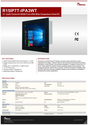 15&rdquo; Intel&reg; Pentium&reg; N4200 Front IP65 Wide Temperature Panel PC R15IP7T-IPA3WT