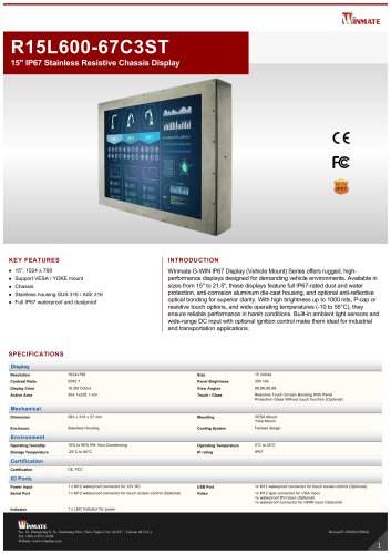 15" IP67 Stainless Resistive Chassis Display R15L600-67C3ST
