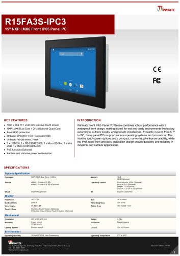 15" NXP i.MX6 Front IP65 Panel PC R15FA3S-IPC3