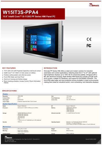 15.6" Intel&reg; Core&trade; i5-1135G PP Series HMI Panel PC W15IT3S-PPA4