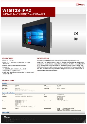 15.6" Intel&reg; Core&trade; i5-1135G7 Front IP65 Panel PC W15IT3S-IPA2