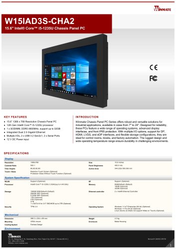 15.6" Intel&reg; Core&trade; i5-1235U Chassis Panel PC W15IAD3S-CHA2