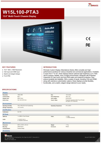 15.6" Multi-Touch Chassis Display W15L100-PTA3