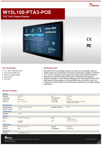 15.6" PoE Chassis Display W15L100-PTA3-POE