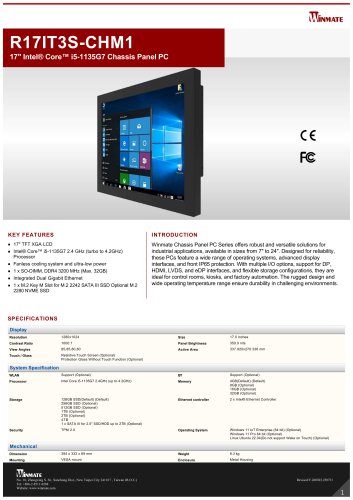 17" Intel&reg; Core&trade; i5-1135G7 Chassis Panel PC R17IT3S-CHM1