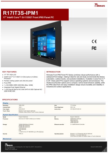 17" Intel&reg; Core&trade; i5-1135G7 Front IP65 Panel PC R17IT3S-IPM1