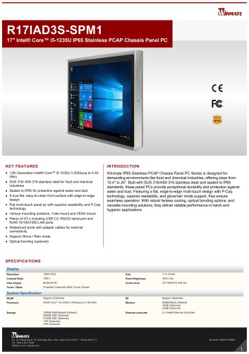 17" Intel&reg; Core&trade; i5-1235U IP65 Stainless PCAP Chassis Panel PC R17IAD3S-SPM1