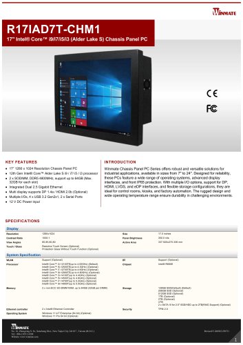 17" Intel&reg; Core&trade; i9/i7/i5/i3 (Alder Lake S) Chassis Panel PC R17IAD7T-CHM1