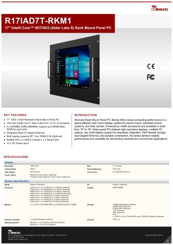 17" Intel&reg; Core&trade; i9/i7/i5/i3 (Alder Lake S) Rack Mount Panel PC R17IAD7T-RKM1