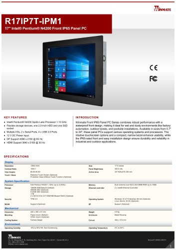 17" Intel&reg; Pentium&reg; N4200 Front IP65 Panel PC R17IP7T-IPM1
