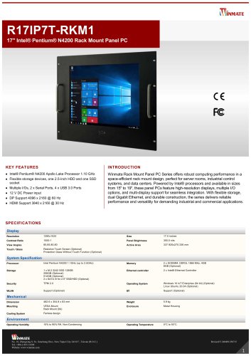 17" Intel&reg; Pentium&reg; N4200 Rack Mount Panel PC R17IP7T-RKM1