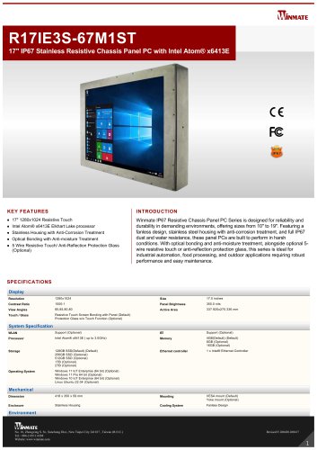 17" IP67 Stainless Resistive Chassis Panel PC with Intel Atom&reg; x6413E R17IE3S-67M1ST