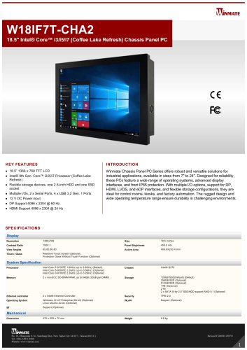 18.5" Intel&reg; Core&trade; i3/i5/i7 (Coffee Lake Refresh) Chassis Panel PC W18IF7T-CHA2