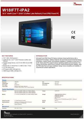 18.5&rdquo; Intel&reg; Core&trade; i3/i5/i7 (Coffee Lake Refresh) Front IP65 Panel PC W18IF7T-IPA2