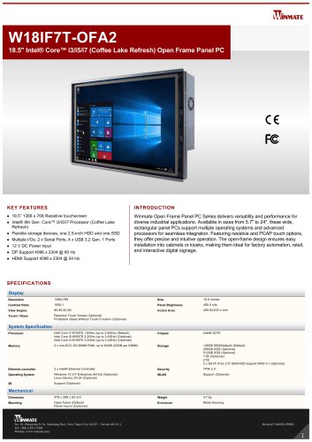 18.5" Intel&reg; Core&trade; i3/i5/i7 (Coffee Lake Refresh) Open Frame Panel PC W18IF7T-OFA2