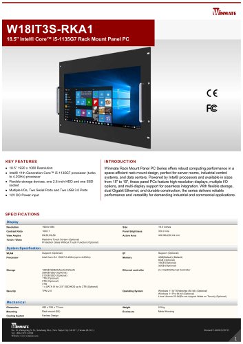 18.5" Intel&reg; Core&trade; i5-1135G7 Rack Mount Panel PC W18IT3S-RKA1