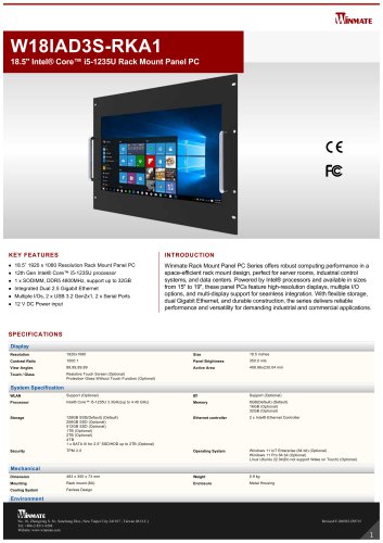 18.5" Intel&reg; Core&trade; i5-1235U Rack Mount Panel PC W18IAD3S-RKA1