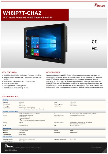 18.5" Intel&reg; Pentium&reg; N4200 Chassis Panel PC W18IP7T-CHA2