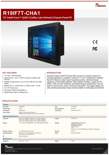 19" Intel&reg; Core&trade; i3/i5/i7 (Coffee Lake Refresh) Chassis Panel PC R19IF7T-CHA1