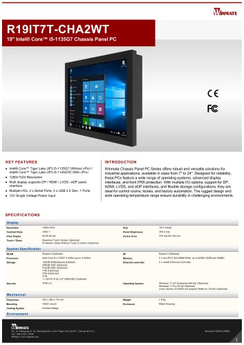 19" Intel&reg; Core&trade; i5-1135G7 Chassis Panel PC R19IT7T-CHA2WT