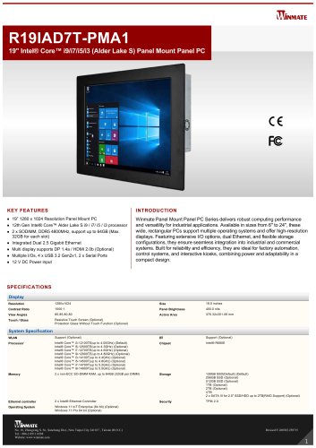 19" Intel&reg; Core&trade; i9/i7/i5/i3 (Alder Lake S) Panel Mount Panel PC R19IAD7T-PMA1