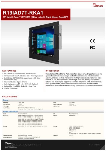19" Intel&reg; Core&trade; i9/i7/i5/i3 (Alder Lake S) Rack Mount Panel PC R19IAD7T-RKA1